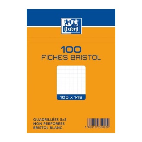 OXFORD Fiches bristol non perforées blanches quadrillées 10,5 x 14,8cm