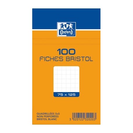 OXFORD Fiches bristol non perforées blanches quadrillées 7,5 x 12,5cm