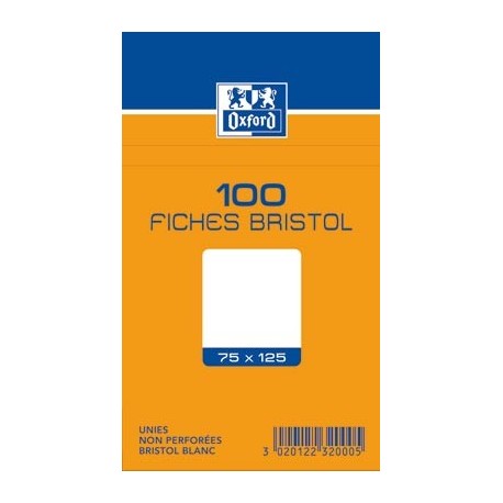 OXFORD Fiches bristol non perforées blanches unies 7,5 x 12,5cm