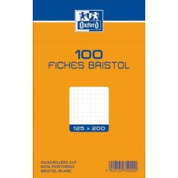 OXFORD Fiches bristol non perforées blanches quadrillées 12,5 x 20cm