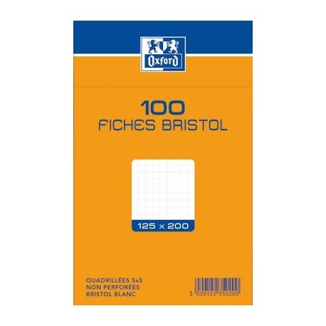 OXFORD Fiches bristol non perforées blanches quadrillées 12,5 x 20cm