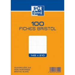 OXFORD Fiches bristol non perforées blanches quadrillées 14,8 x 21cm