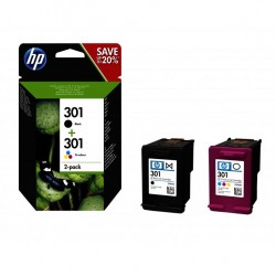 HP 301 Pack de 2 cartouches d'encre - 1 Noir + 1 Trois couleurs (cyan, magenta, jaune) authentiques (N9J72AE)