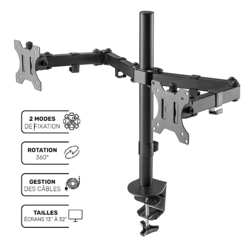 Support Double Écran PC - Bras Double Moniteur VESA - 32 8kg - Empilables  Verticalement - Porte 2 Écrans Hauteur Réglable/Articulé - Fixation