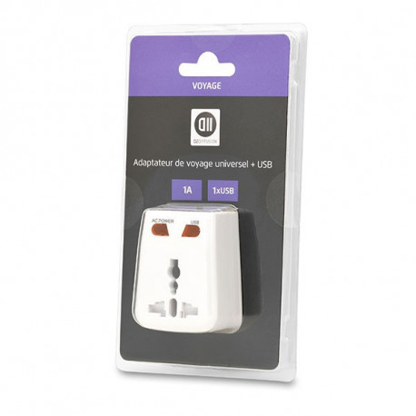 Adaptateur multi pays avec 1 USB 1A - Type de prises UK US AU EU - blanc