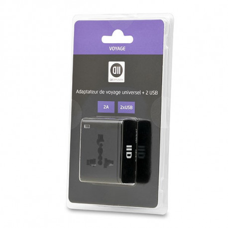 Adaptateur multi pays avec 2 USB 2A - noir