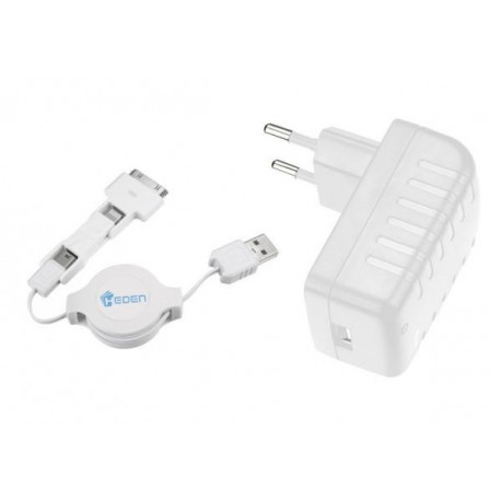 HEDEN Chargeur prise murale 3-en-1 - Micro usb + 2 connectique apple - Un câble rétractable de 80 cm Blanc