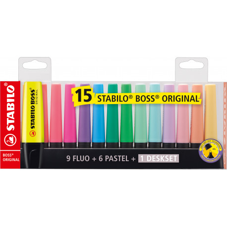 STABILO Set de bureau Boss Original 15 surligneurs (9 fluo+6 pastel)