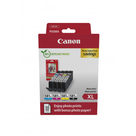CANON Pack 4 encres CLI-581XL Noir, Cyan, Jaune, Magenta 4 x 8,3 ml + 50 feuilles papier photo