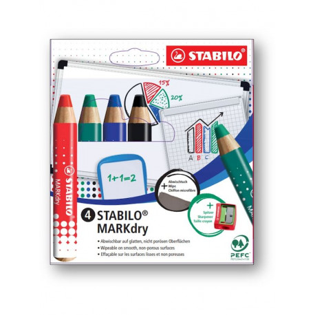 STABILO MARKdry 4 Crayons Marqueur + Taille crayon + Chiffon