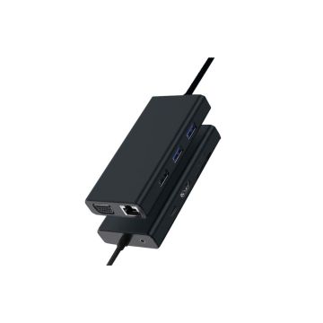 Station d'accueil Mobile USB‑C 10‑en‑1, affichage 2 écrans via HDMI (4K/60Hz) + VGA. USB‑C PD 100W, 2xUSB‑A 3.0, USB-A 2.0, RJ45, lecteur SD, audio Jack 3.5mm