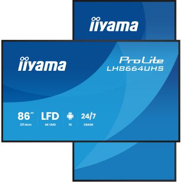 IIYAMA LFD 86" dalle IPS 24/7 3840x2160 16:9 60Hz 2xHDMI 2xUSB USB-C 1xMini jack HPs 2x16W 450cd/m² Paysage/port 8ms Media Player support mural inclus 