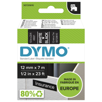DYMO Ruban titreuse D1 12mm coloris blanc noir