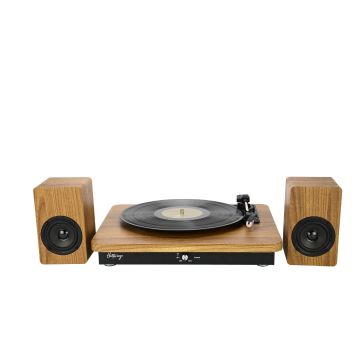 Platine vinyle Halterrego BROADWAY avec 2 HP extérieurs, RMS 2×5W, RCA OUT, BT IN, adaptateur inclus, finition laquée noire / aspect bois.