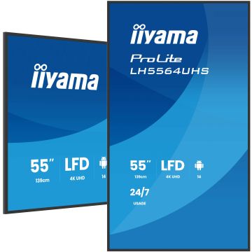 IIYAMA LFD 55 dalle VA 4K UHD 3840x2160 16:9 24/7 2xHDMI USB-C 2xUSB HPs 500cd/m² 6.5ms VESA 400x400 Paysage/portrait LH5564UHS-B1AG